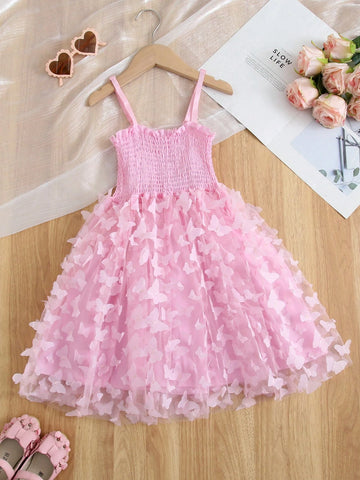 1pc Girls' Elegant Sweet Princess Dress With 3D Butterfly Embroidery, Tulle Mesh Overlay, Lovely Party/Holiday Dress