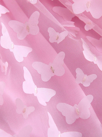 1pc Girls' Elegant Sweet Princess Dress With 3D Butterfly Embroidery, Tulle Mesh Overlay, Lovely Party/Holiday Dress