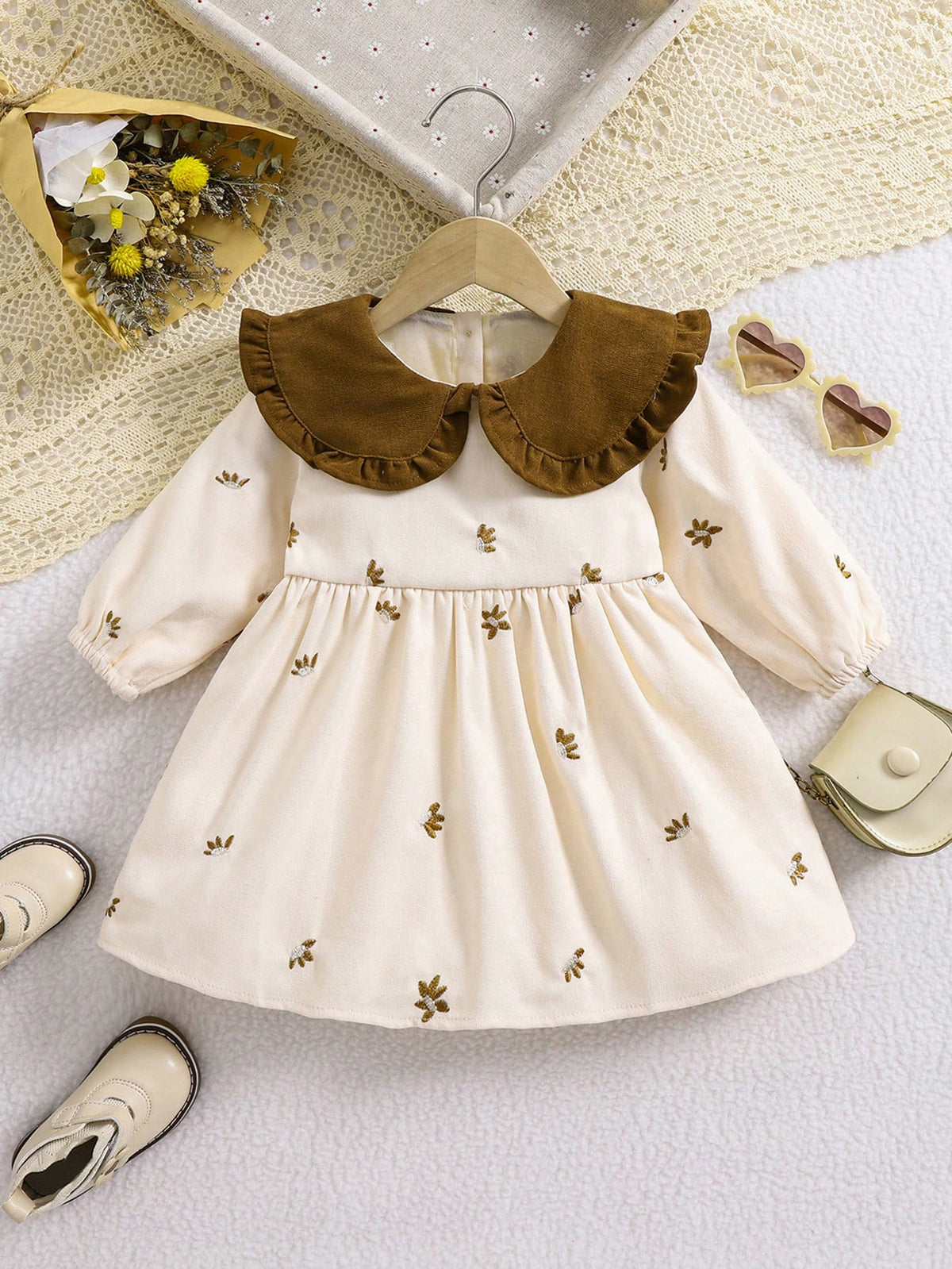 1pc Girls Embroidered Floral Collar Dress, Elegant & Gorgeous Midi Dress For Toddler & Little Girls