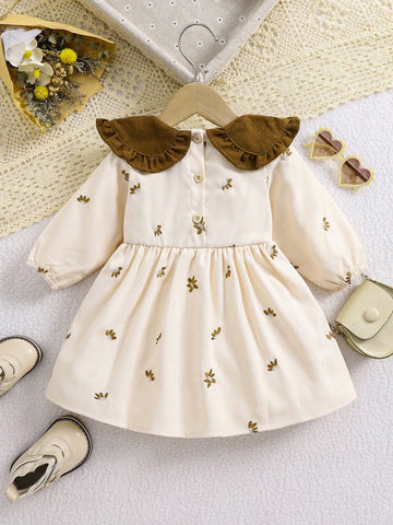 1pc Girls Embroidered Floral Collar Dress, Elegant & Gorgeous Midi Dress For Toddler & Little Girls