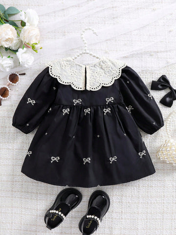 1pc Girls Embroidered Floral Dress With Ruffled Collar, Loose Elegant Casual Midi Dress With Bow, Spring/Summer/Autumn