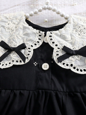1pc Girls Embroidered Floral Dress With Ruffled Collar, Loose Elegant Casual Midi Dress With Bow, Spring/Summer/Autumn