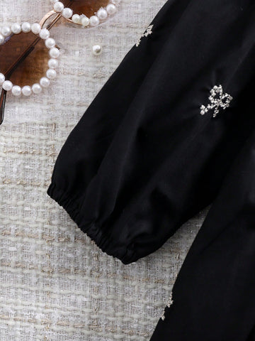 1pc Girls Embroidered Floral Dress With Ruffled Collar, Loose Elegant Casual Midi Dress With Bow, Spring/Summer/Autumn