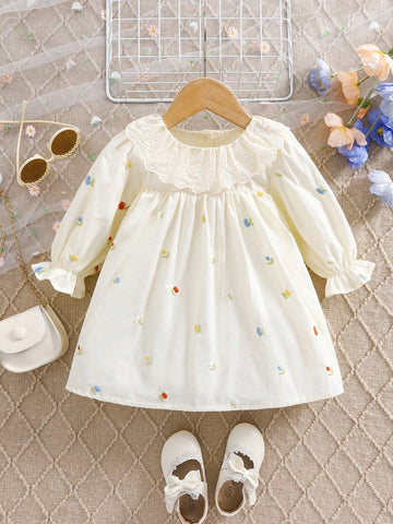 1pc Girls Embroidered Loose Cotton Casual Dress With Floral Embroidery, Flounced Hem, Mid-Length, Outdoor/Holiday/Party Wear, Spring/Summer