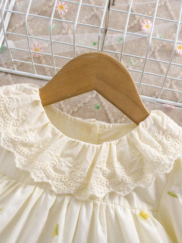 1pc Girls Embroidered Loose Cotton Casual Dress With Floral Embroidery, Flounced Hem, Mid-Length, Outdoor/Holiday/Party Wear, Spring/Summer