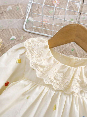 1pc Girls Embroidered Loose Cotton Casual Dress With Floral Embroidery, Flounced Hem, Mid-Length, Outdoor/Holiday/Party Wear, Spring/Summer