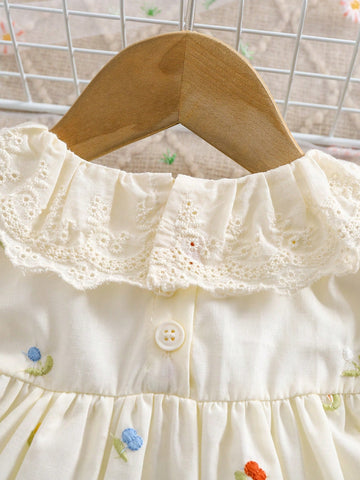 1pc Girls Embroidered Loose Cotton Casual Dress With Floral Embroidery, Flounced Hem, Mid-Length, Outdoor/Holiday/Party Wear, Spring/Summer