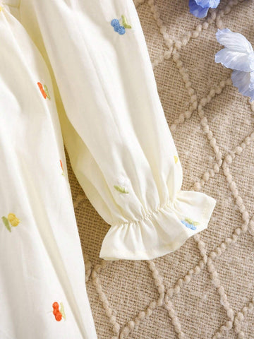 1pc Girls Embroidered Loose Cotton Casual Dress With Floral Embroidery, Flounced Hem, Mid-Length, Outdoor/Holiday/Party Wear, Spring/Summer