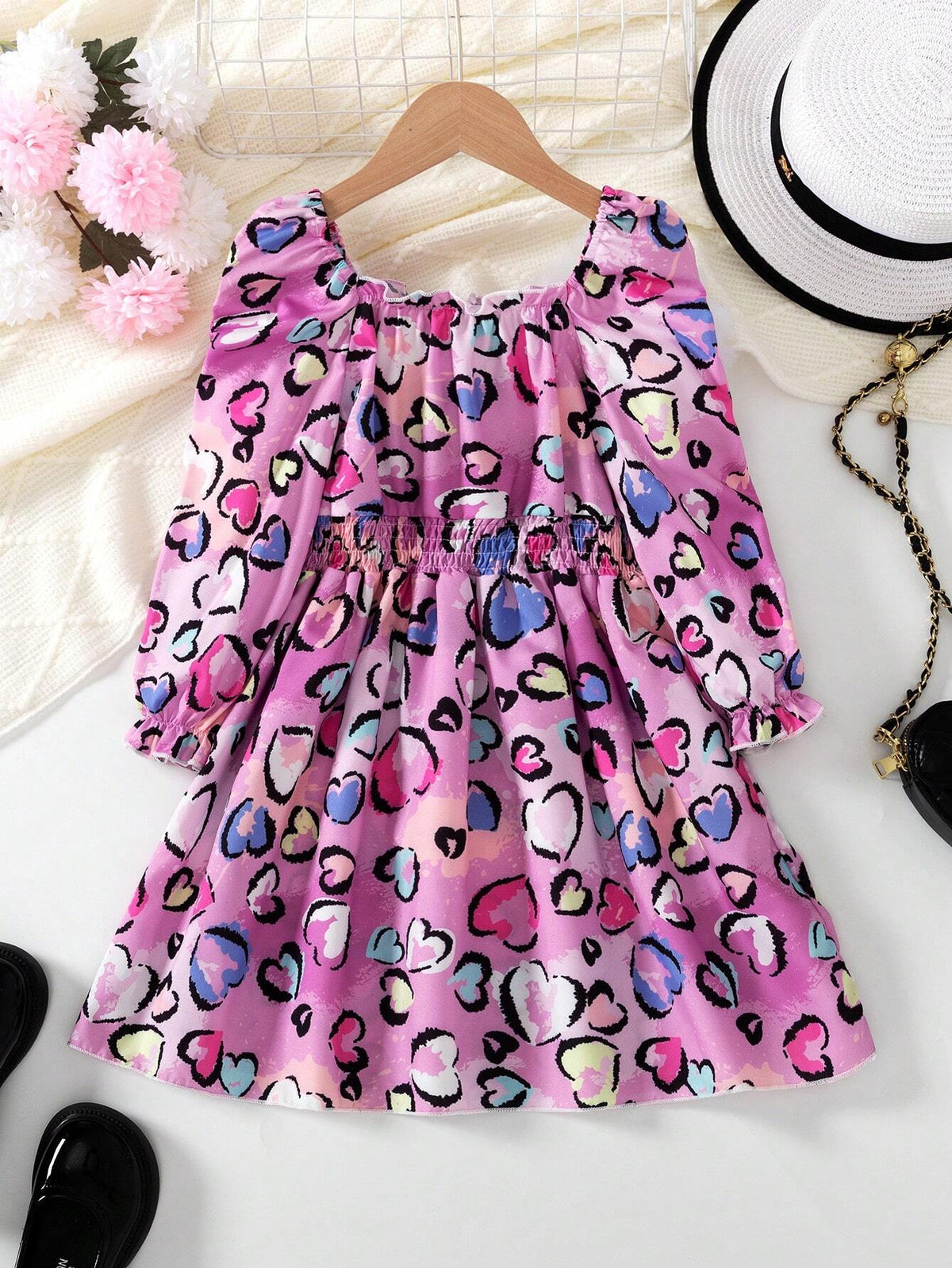 1pc Girls Fashion Casual Heart & Scribble Print Long Sleeve Ruffle Hem A-Line Dress, Spring Autumn