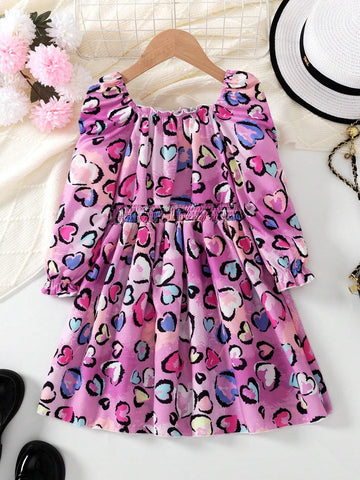 1pc Girls Fashion Casual Heart & Scribble Print Long Sleeve Ruffle Hem A-Line Dress, Spring Autumn