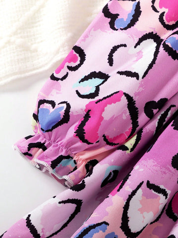 1pc Girls Fashion Casual Heart & Scribble Print Long Sleeve Ruffle Hem A-Line Dress, Spring Autumn