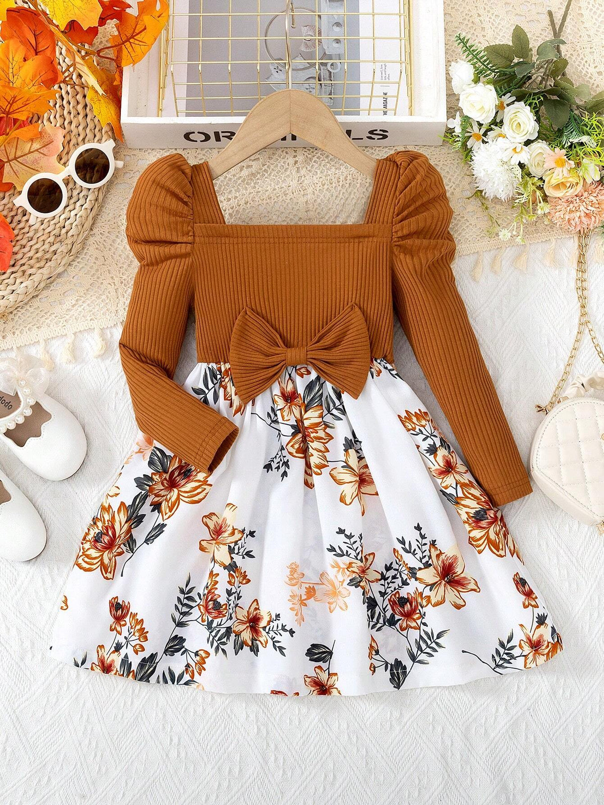 1pc Girls Fashion Casual Shoulder Strap Long Sleeve Solid Color Ribbed Splice Floral Print Bow Tie Dress