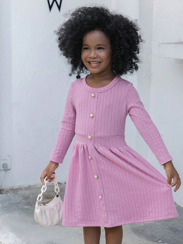 1pc Girls Fashion Casual Sports Solid Color Knitted Striped Long Sleeve Round Neck Pearl Button Waist Band Hem Dress, Autumn/Winter