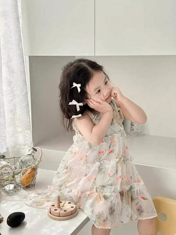 1pc Girls' Floral Chiffon Sleeveless Strap Dress For Summer
