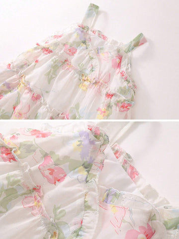 1pc Girls' Floral Chiffon Sleeveless Strap Dress For Summer