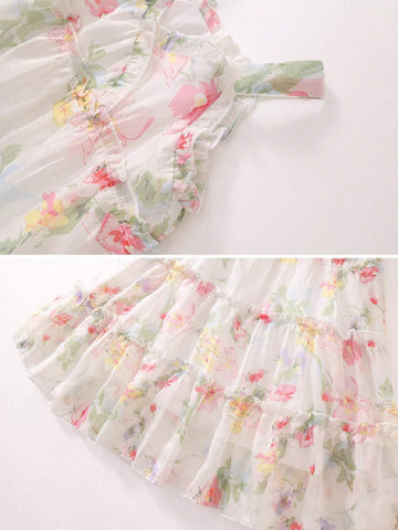 1pc Girls' Floral Chiffon Sleeveless Strap Dress For Summer