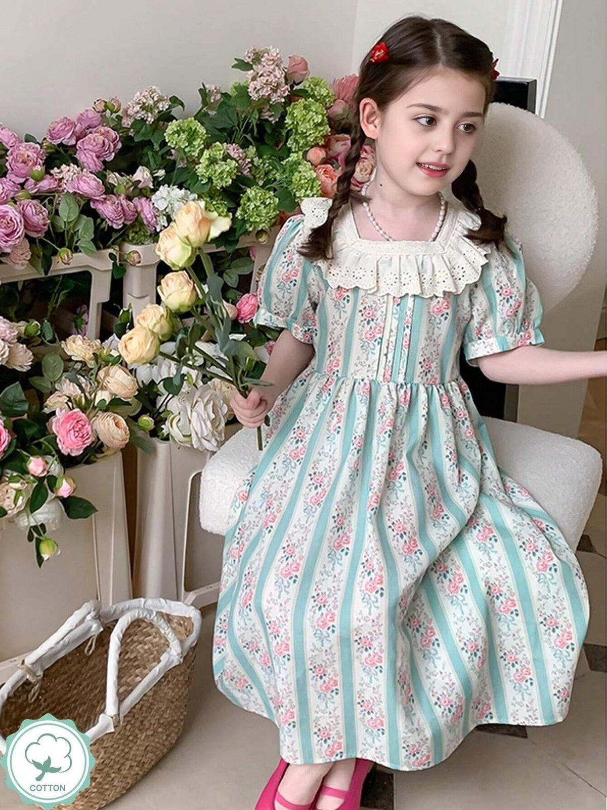 1pc Girls' Floral Lace Puff Sleeve Patchwork Mini Dress, Summer