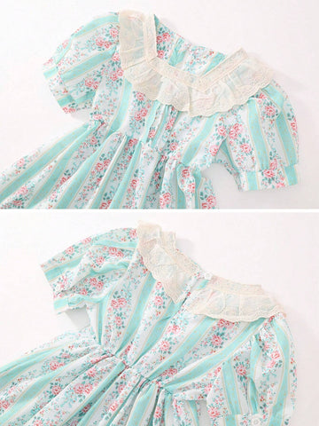 1pc Girls' Floral Lace Puff Sleeve Patchwork Mini Dress, Summer