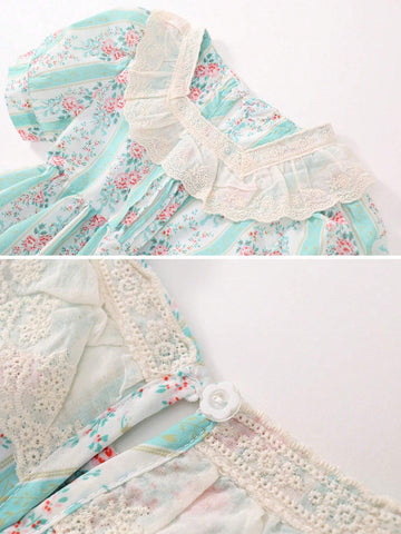 1pc Girls' Floral Lace Puff Sleeve Patchwork Mini Dress, Summer