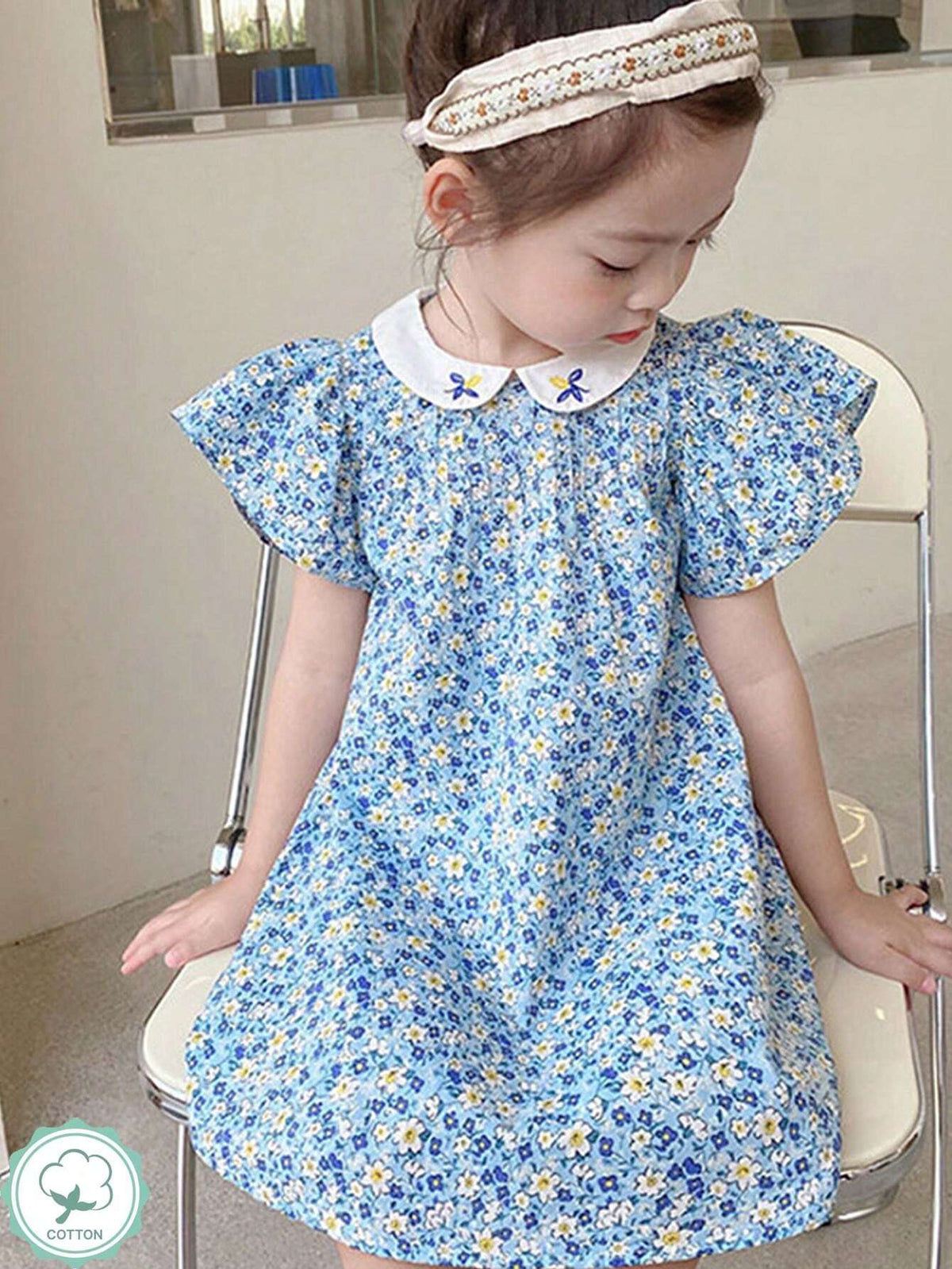 1pc Girls' Floral Peter Pan Collar Fly Edge Embroidered Dress, Summer