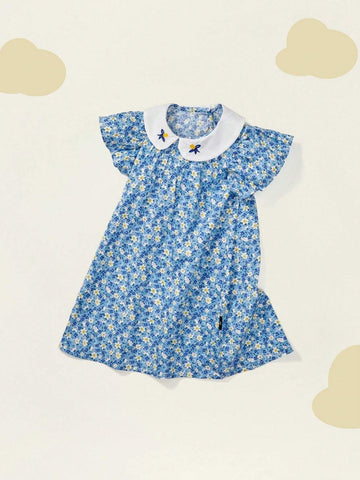 1pc Girls' Floral Peter Pan Collar Fly Edge Embroidered Dress, Summer