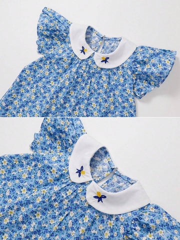 1pc Girls' Floral Peter Pan Collar Fly Edge Embroidered Dress, Summer