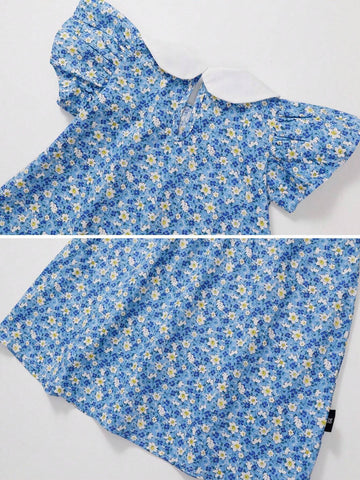 1pc Girls' Floral Peter Pan Collar Fly Edge Embroidered Dress, Summer