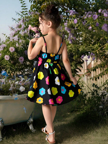 1pc Girls' Floral Print Casual Spaghetti Strap Dress, Refreshing Summer Vacation Style