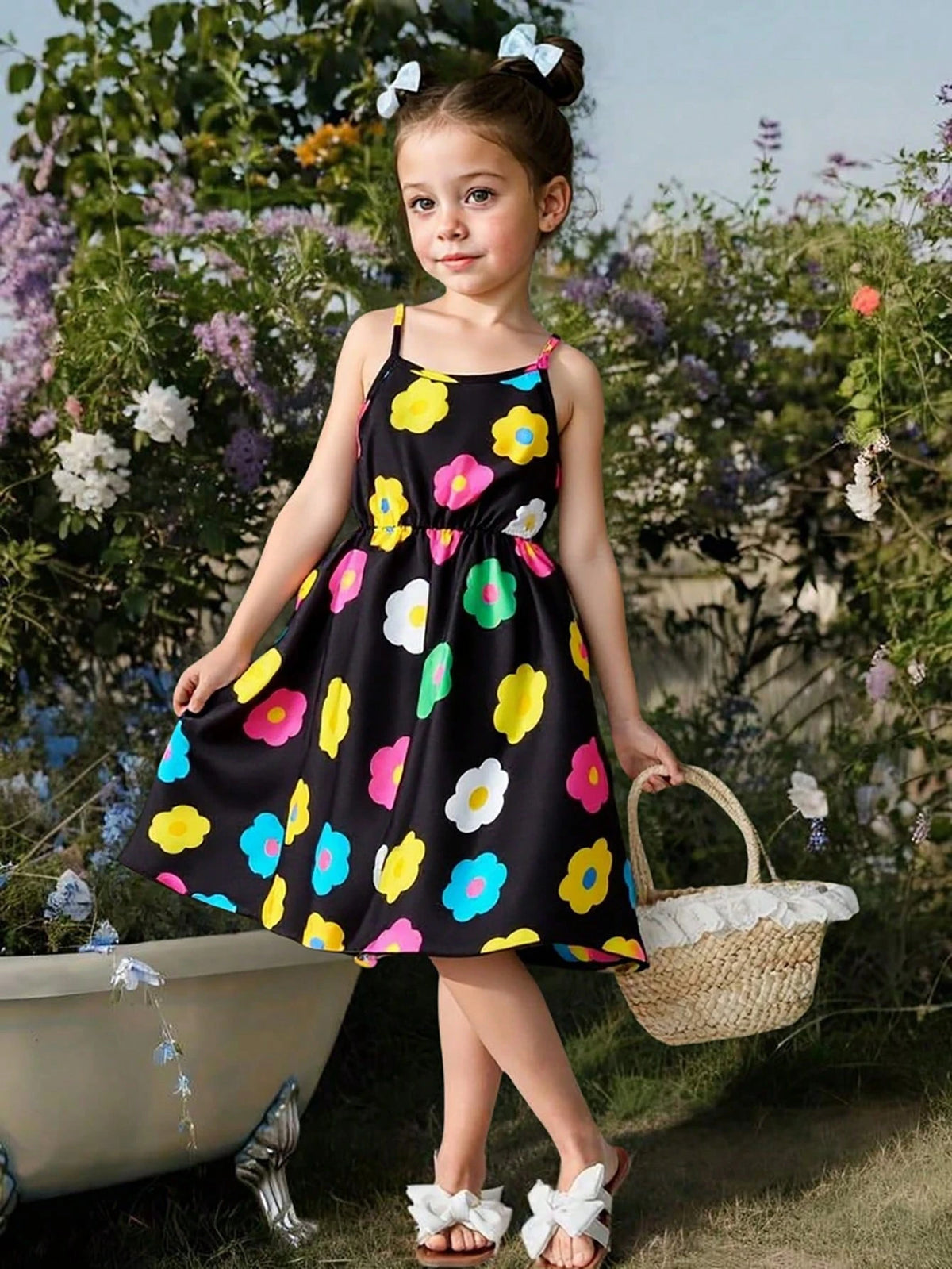 1pc Girls' Floral Print Casual Spaghetti Strap Dress, Refreshing Summer Vacation Style