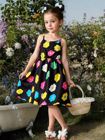 1pc Girls' Floral Print Casual Spaghetti Strap Dress, Refreshing Summer Vacation Style