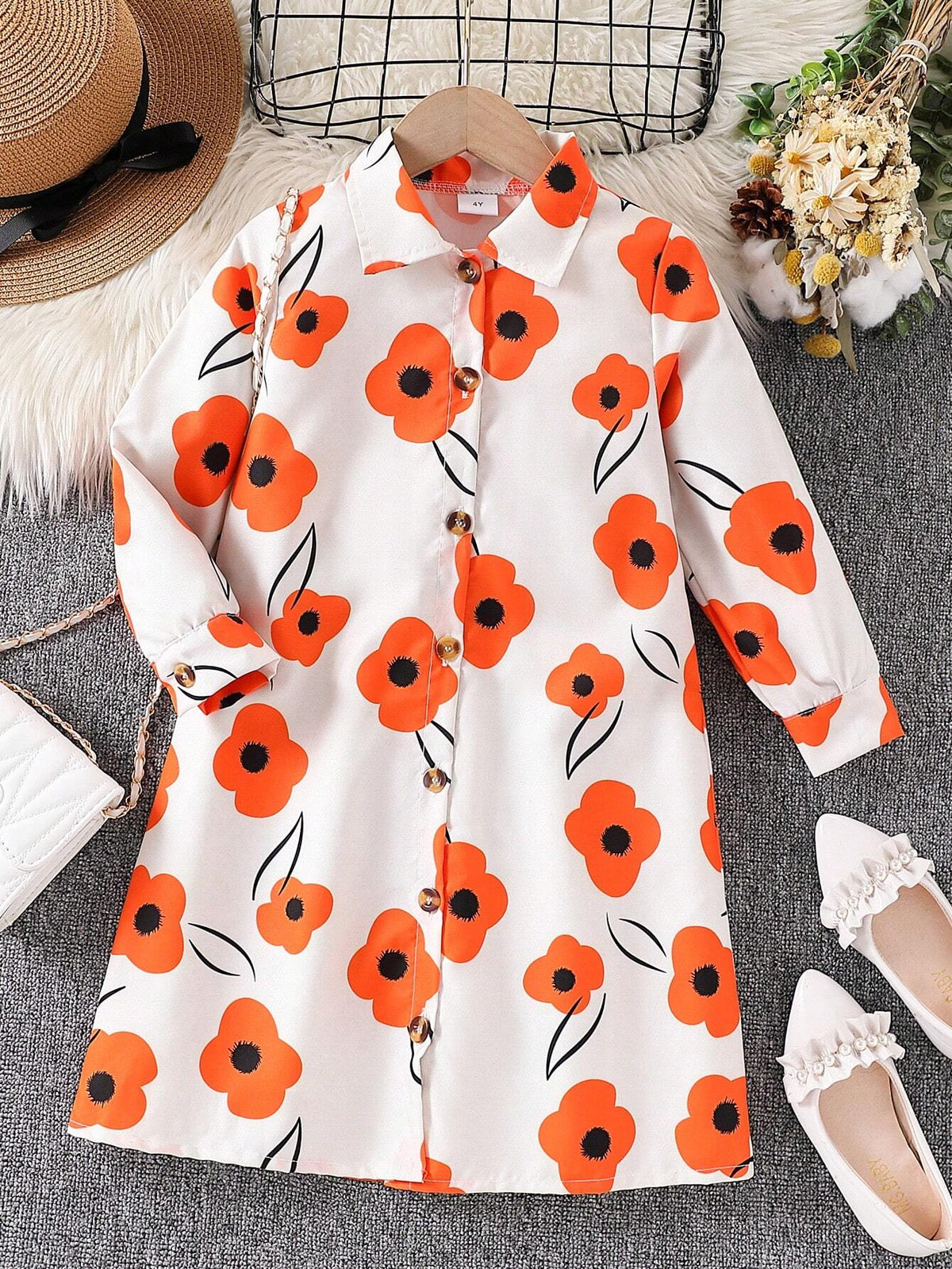 1pc Girls Floral Print Long Sleeve Casual Dress, Fall