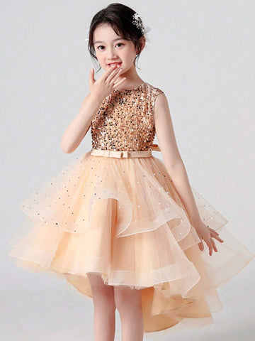 1pc Girls Gold Solid Color Fashionable Puff Princess Dress With Tulle Trim