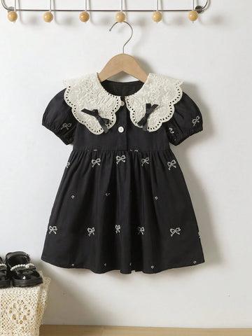 1pc Girls Lace Collar Bowknot Embroidered Short Sleeve Dress, Elegant High-End Loose Dress