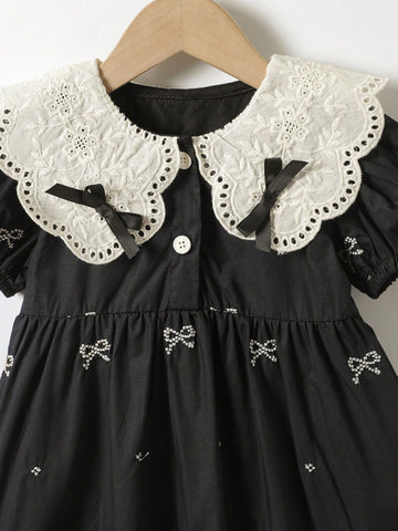 1pc Girls Lace Collar Bowknot Embroidered Short Sleeve Dress, Elegant High-End Loose Dress