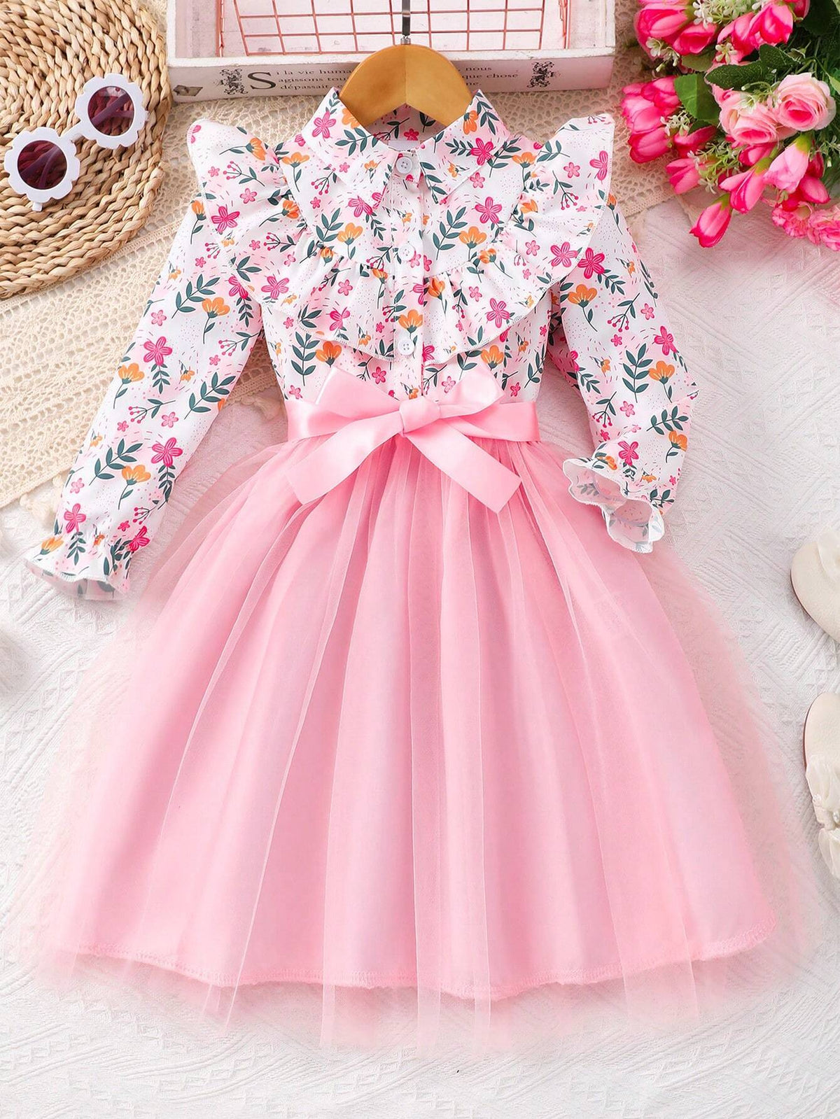 1pc Girls Long Sleeve Floral Print Collared Mesh Dress With Waist Tie