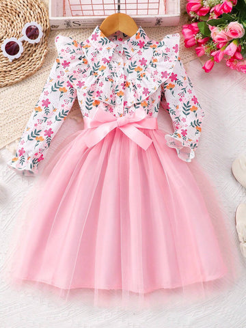 1pc Girls Long Sleeve Floral Print Collared Mesh Dress With Waist Tie