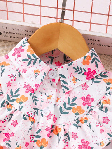 1pc Girls Long Sleeve Floral Print Collared Mesh Dress With Waist Tie