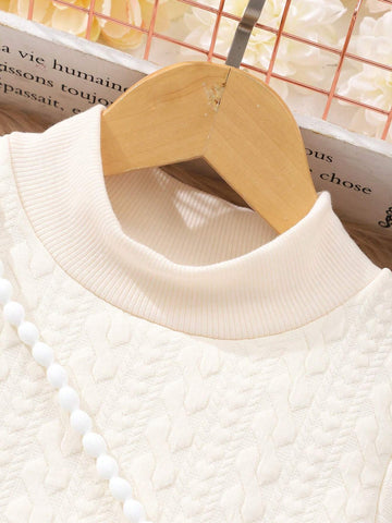 1pc Girls Long Sleeve Turtleneck Solid Color Knee-Length Sweater Dress With Purse