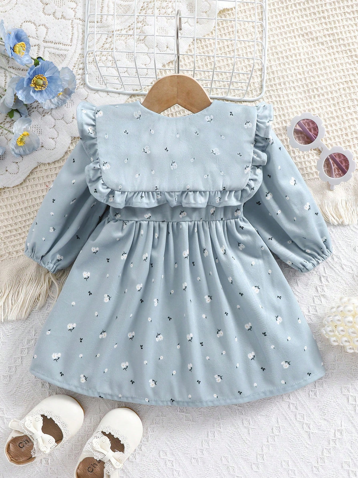 1pc Girls Mid & Little Young Girl Floral Print Corduroy Collar Loose Casual Dress, Soft & Elegant Midi Dress For Spring And Autumn