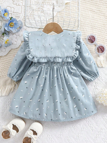 1pc Girls Mid & Little Young Girl Floral Print Corduroy Collar Loose Casual Dress, Soft & Elegant Midi Dress For Spring And Autumn