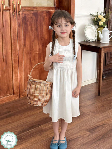 1pc Girls' Minimalist Sleeveless Scoop Neck Vacation Style Tank Dress, Summer