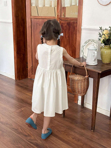 1pc Girls' Minimalist Sleeveless Scoop Neck Vacation Style Tank Dress, Summer