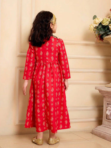 1pc Girls Modest Elegant Palace Style Red & Gold Floral Print Long Sleeve Dress With Crossbody Bag, Spring