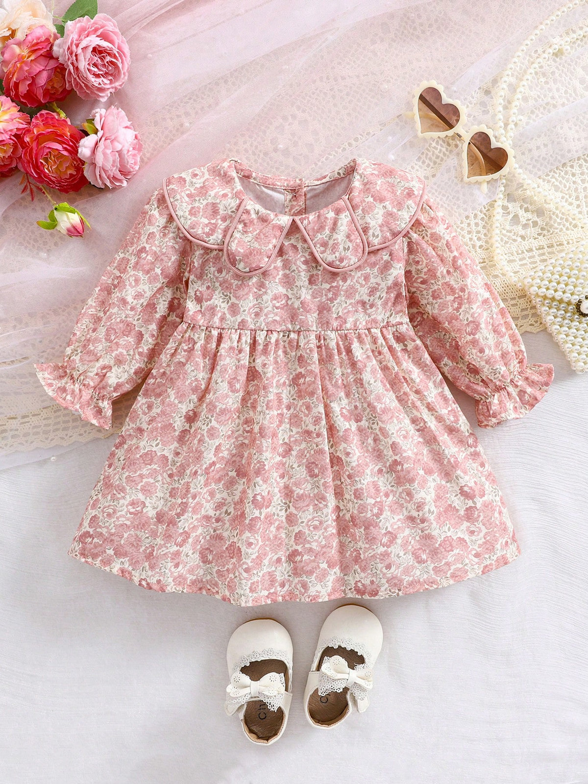 1pc Girls Petal Collar All-Over Floral Print Elegant Dress, Young Lady Style For Toddlers, Spring/Autumn Occasion Wear & Birthday Party