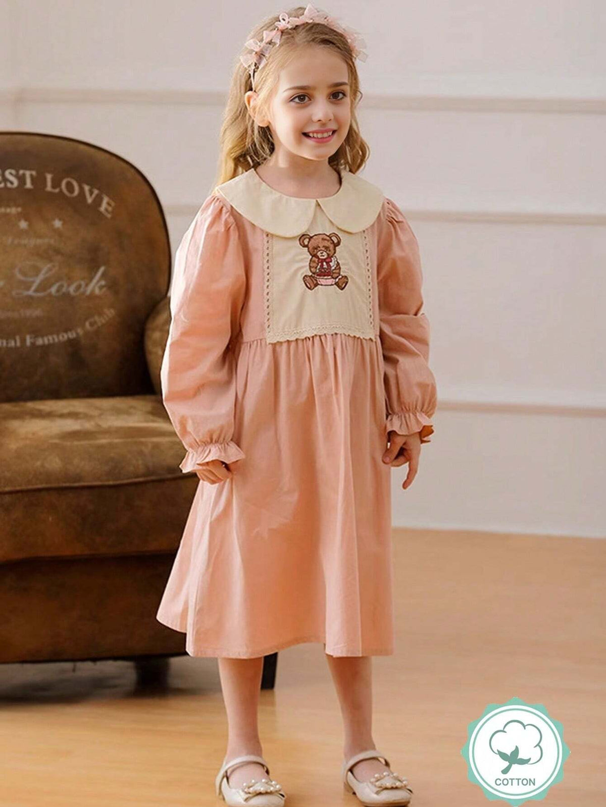 1pc Girls' Peter Pan Collar Bear Embroidered Long Sleeve Pink Collar Princess Dress, Autumn