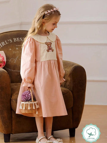 1pc Girls' Peter Pan Collar Bear Embroidered Long Sleeve Pink Collar Princess Dress, Autumn