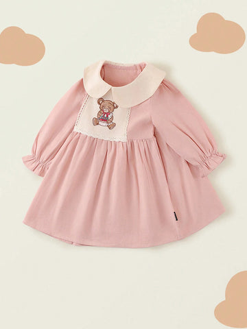 1pc Girls' Peter Pan Collar Bear Embroidered Long Sleeve Pink Collar Princess Dress, Autumn