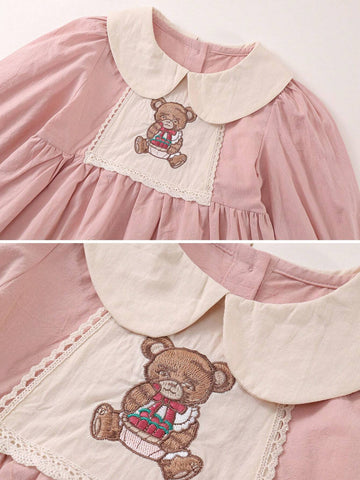 1pc Girls' Peter Pan Collar Bear Embroidered Long Sleeve Pink Collar Princess Dress, Autumn