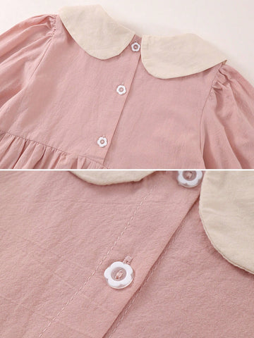 1pc Girls' Peter Pan Collar Bear Embroidered Long Sleeve Pink Collar Princess Dress, Autumn