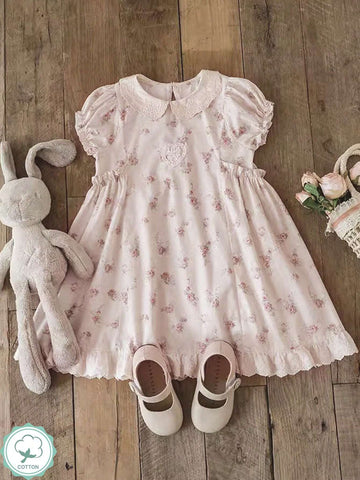 1pc Girls' Pink Floral Lace Puff Sleeve Dress, Summer